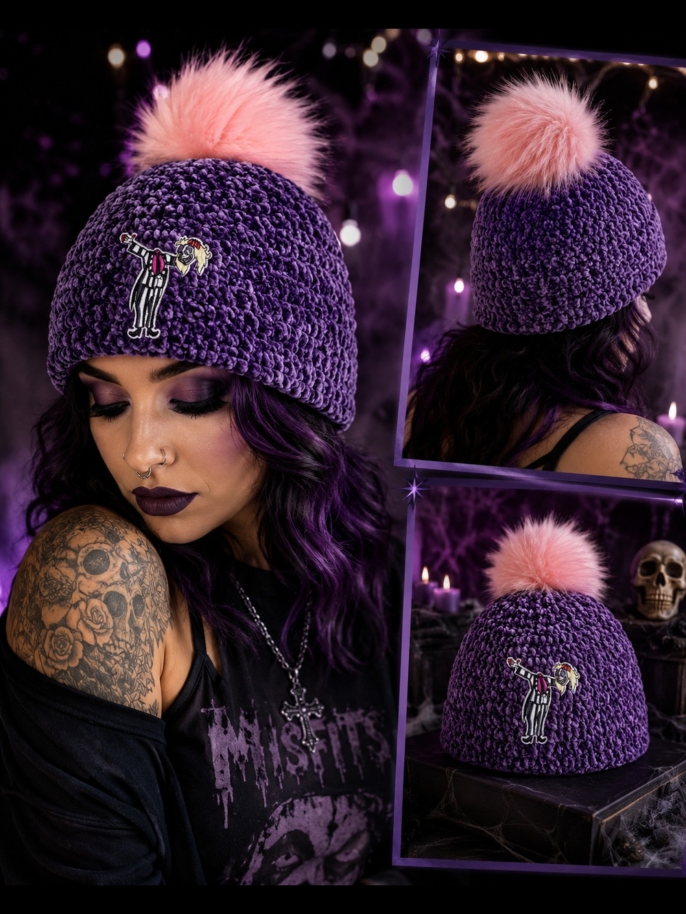 Plush Pom Pom Purple Crochet Beanie with Pink Faux Fur Pom